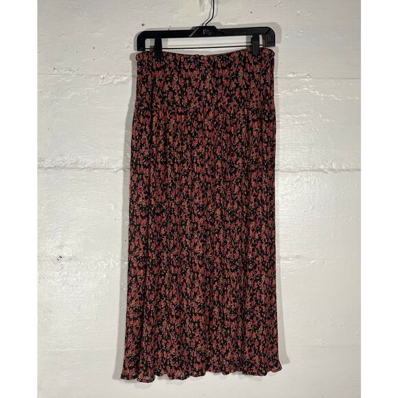 VTG Sag Harbor Maxi Skirt Black Red Orange Ditsy Floral Pleated Drawstring S - Picture 8 of 10